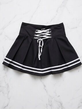 Hot Topic Black Lace Up Corset Mini Skater Skirt White Trim Y2K Alt Goth L
